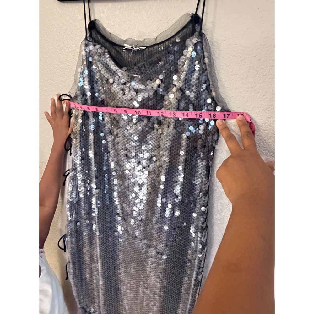 Topshop Sequin Mesh Side Tie Maxi Dress Silver US 10 Y2K Glam Festival Gown - Picture 10 of 10